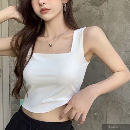 新款韓版冰絲涼感方領寬肩帶小背心 春夏露鎖骨遮副乳小可愛 內搭 外穿 顯瘦 文青【女神白】