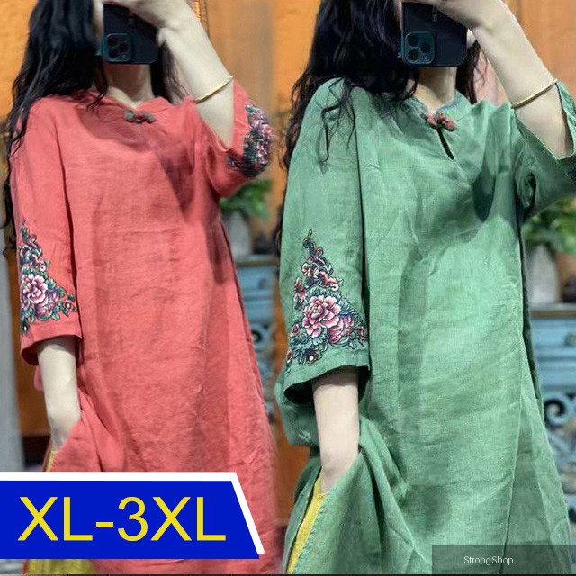 【韓國】KBN7283手工刺繡工藝亞麻洋裝(涼感/連身裙/中長裙/長裙/輕薄/短袖)