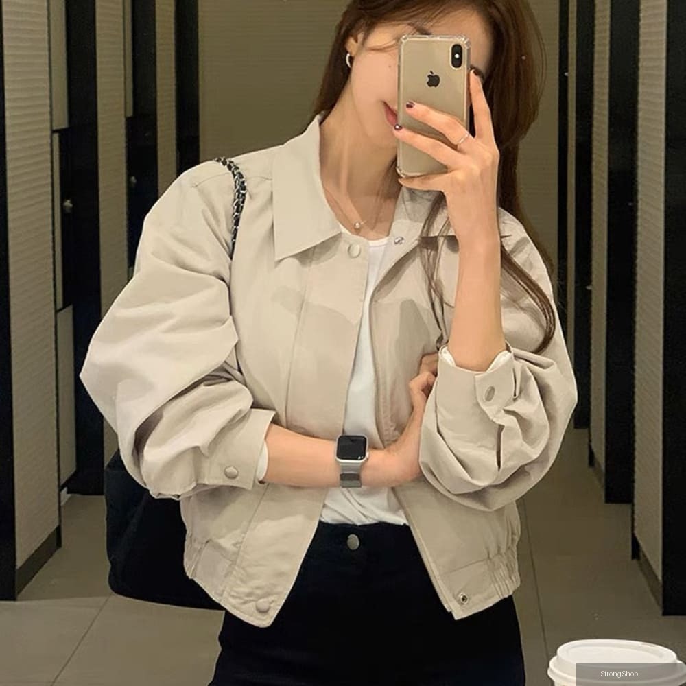俐落簡約秋裝短版翻領夾克外套(中大尺碼女裝/2XL保暖時尚兼具/冬天發熱外套)