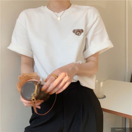 女韓版流行造型熊白色短袖T恤上衣(不限季節/ M-2XL /中大尺碼 / 2色)