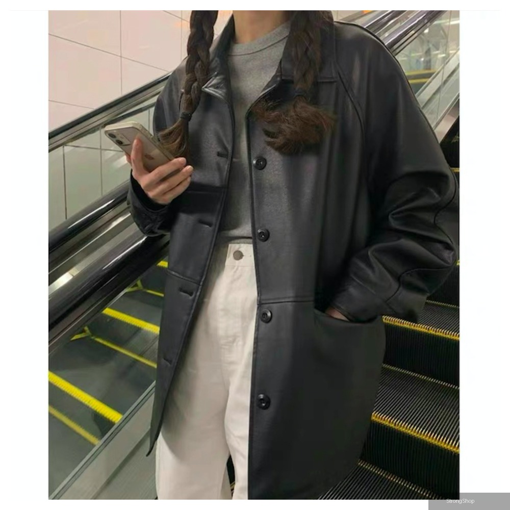 中大服飾 女裝 率性中長版排扣翻領大口袋PU皮衣外套 M-3XL 現+預
