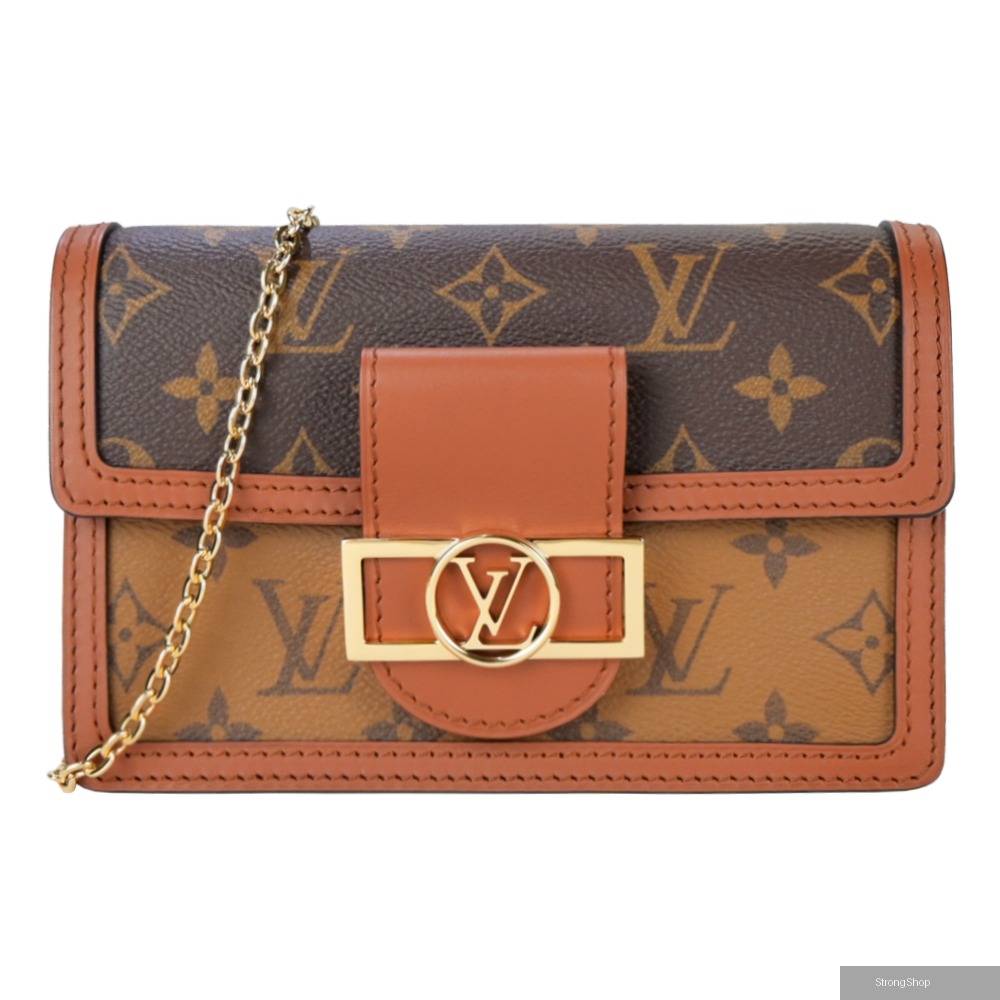 Louis Vuitton Dauphine 復古金色鍊帶LV Circle開合扣斜肩背包(卡其棕)