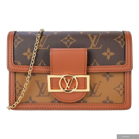 Louis Vuitton Dauphine 復古金色鍊帶LV Circle開合扣斜肩背包(卡其棕)