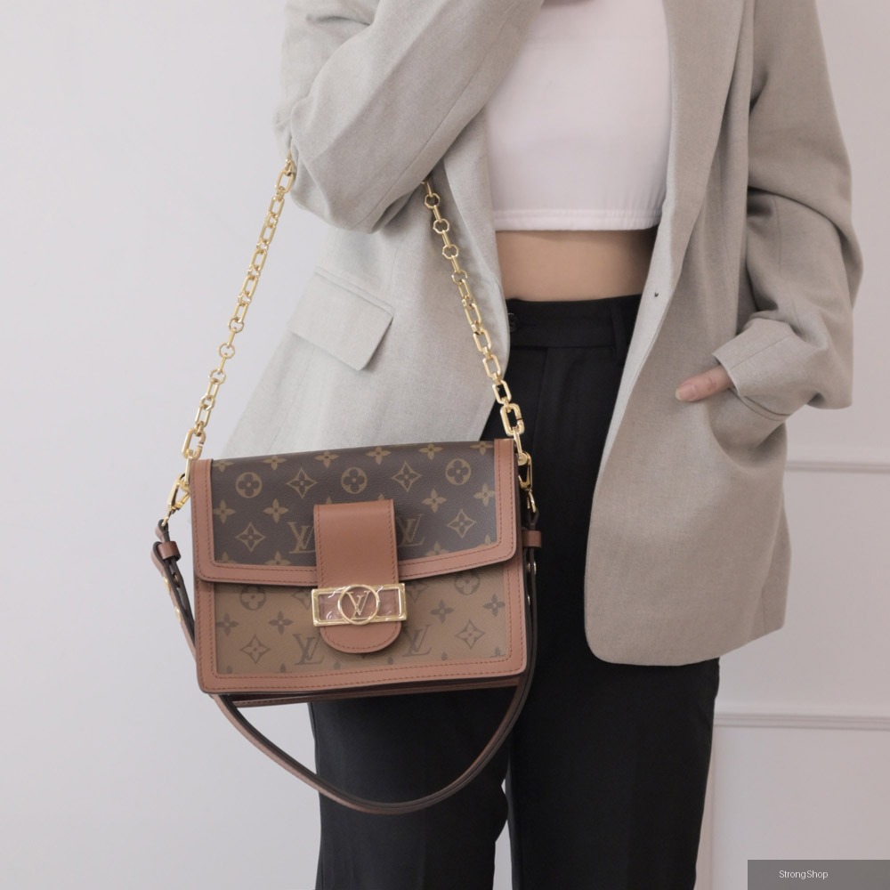 Louis Vuitton LV M45958 DAUPHINE MM 經典印花撞色拼接翻蓋斜背鍊包