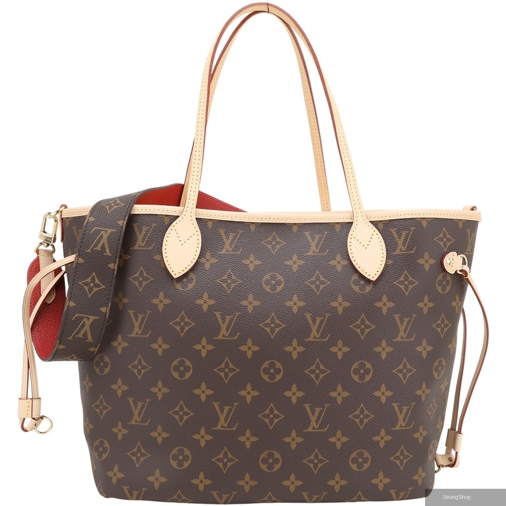 LV M12257 Neverfull Inside Out MM 條紋老花帆布牛皮雙面托特包(紅色)