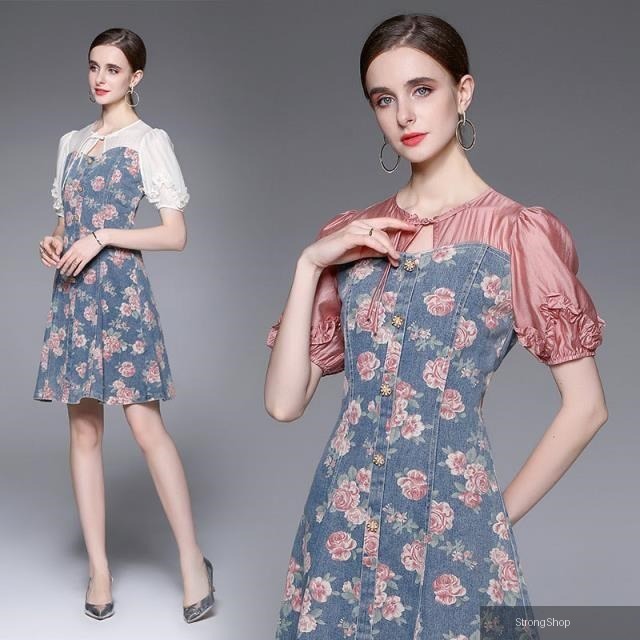 【南紡購物中心】 《 時尚女裝》 歐美氣質潮流時尚拼接花色修身顯瘦收腰牛仔洋裝