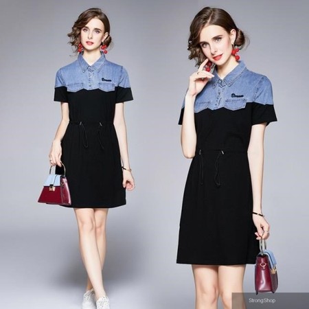 【南紡購物中心】 《 時尚女裝》 收腰寬鬆牛仔拼接洋裝抽繩繫帶收腰小個子裙