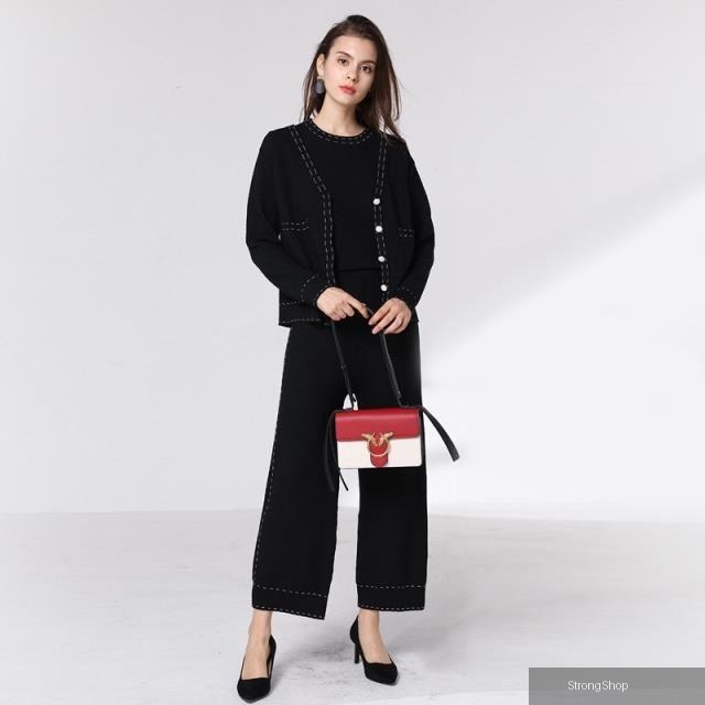 【南紡購物中心】 《 時尚女裝》 套裝闊腿褲長袖休閒外套三件式褲子小香風毛衣