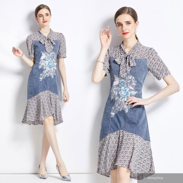【南紡購物中心】 《 時尚女裝》 印花拼接裙子氣質牛仔繫帶法式中長版洋裝