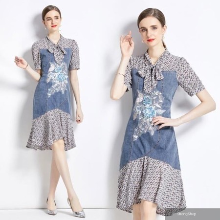 【南紡購物中心】 《 時尚女裝》 印花拼接裙子氣質牛仔繫帶法式中長版洋裝