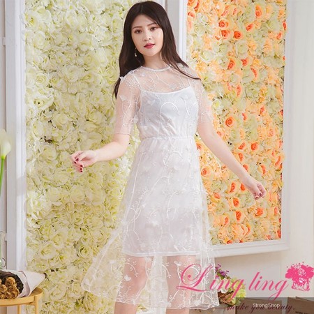 A3725-02 女裝 網紗繡花腰鬆緊長版洋裝+細肩吊帶兩件式洋裝(優雅白)