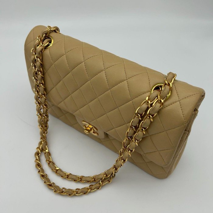 GINZA VINTAGE 香奈兒經典cf25 奶茶金鍊條包 卡標齊 6開 25x16x6.5