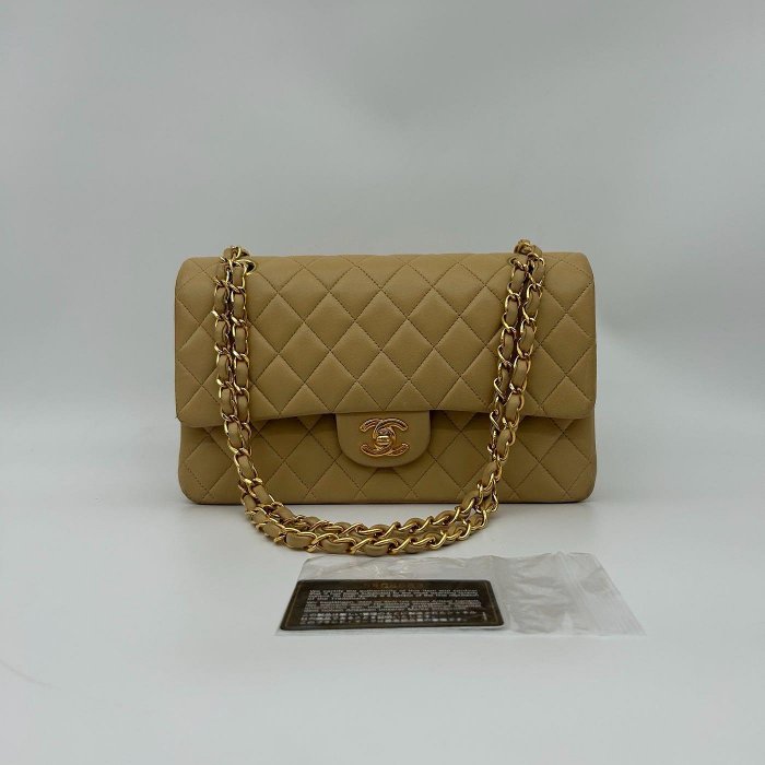 GINZA VINTAGE 香奈兒經典cf25 奶茶金鍊條包 卡標齊 6開 25x16x6.5